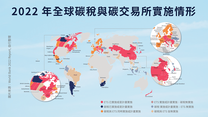 碳權交易所：2022 年全球碳稅與碳交易所實施情形