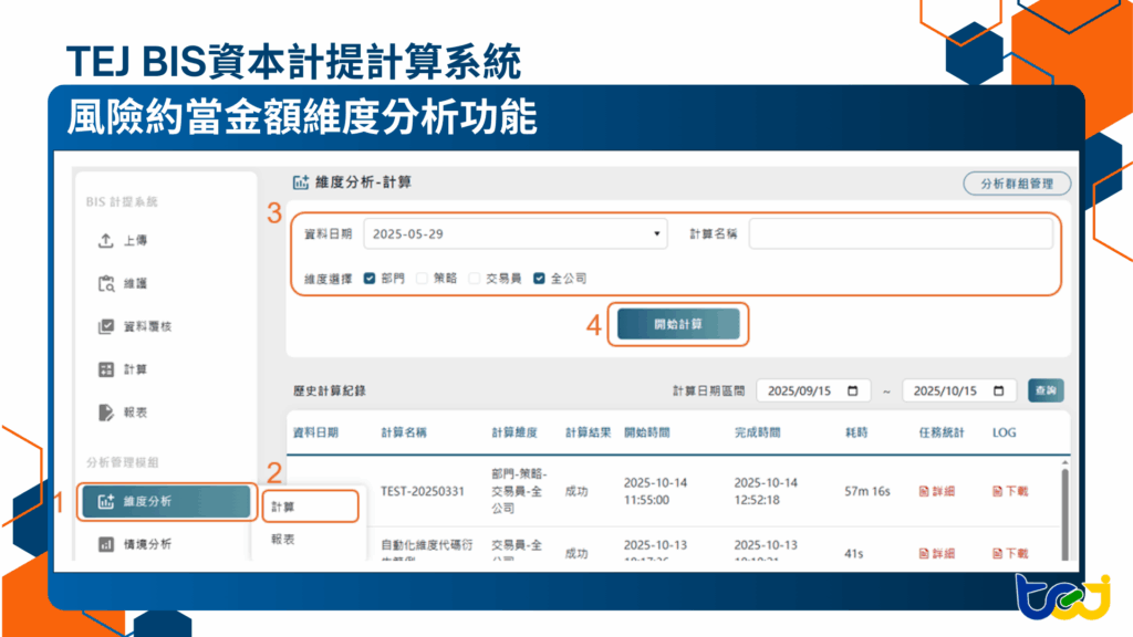 TEJ BIS資本計提計算系統　風險約當金額維度分析功能